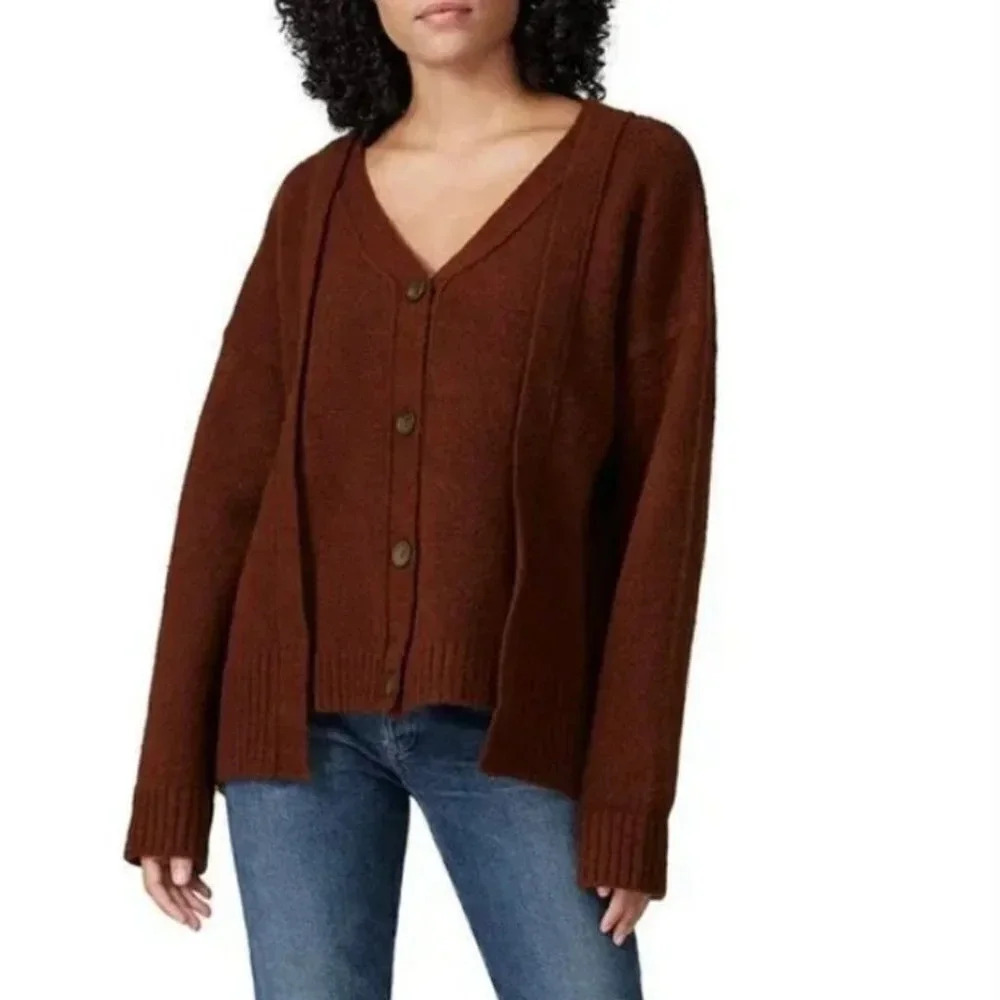 J.O.A. Just one answer L oversized gingerbread V-neck thick knit cardigan